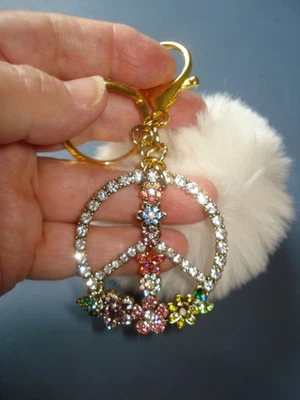 4 1/2" Long Dangle Faux Jewel Peace Sign  White Faux Fur Pom Pom Purse Key Ring - Image 1 of 4