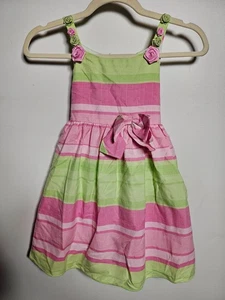 RARE EDITIONS pink Green Striped Linen Florette Bow Sun Dress Girls Size 6 NWT - Picture 1 of 15