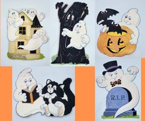 Vintage HALLOWEEN Troquelado Cartón Flocado Recortes Fantasmas Gato Negro Calabaza - Imagen 1 de 11