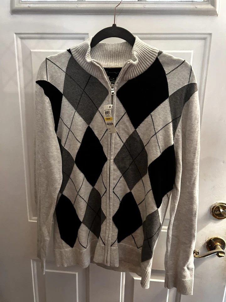 Suéter Inc International Concepts Argyle Para Hombre’s Med Cremallera Completa 100% Algodón Gris Foto 1 de 4