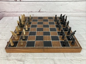 Bone Chess Set Vintage Folding Wooden Board Box 1.5” 16x16 - Picture 1 of 10