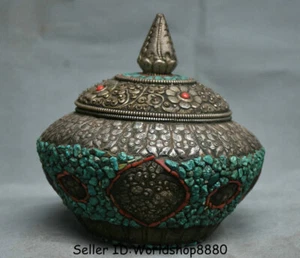 7" Antique Tibet Buddhism Temple Silver Turquoise Beast Face Lids Pot Jar Crock - Picture 1 of 9