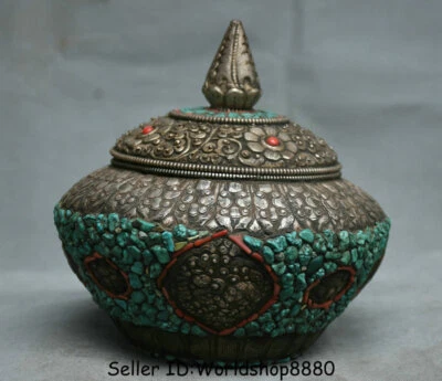Antiguo templo budista tibetano 7" plata turquesa bestia cara tapas olla tarro vasija Foto 1 de 4