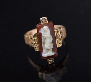 Anillo de cameo del período victoriano de oro amarillo de 14 K con perlas de semillas, talla 3 - Imagen 1 de 8
