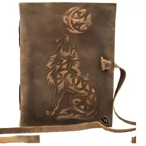 Handmade Leather Wolf Journal – 7"x5", 200 Pages, BOGO Deal - Picture 1 of 8