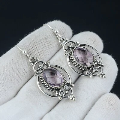 Rosa Kunzite Gemma Orecchini Pendenti 925 Argento Sterling Mano Gioielli Regali - Immagine 1 di 4