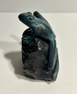 Bronze Sculpture Bookend Paperweight Frog on Rock Artsy Substantial Cool 6” - Picture 1 of 10