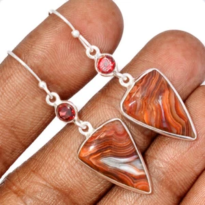 Natural Mexican Laguna Lace & Garnet 925 Silver Earrings Jewelry CE40388 - Picture 1 of 1