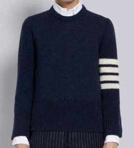 THOM BROWNE NAVY SHETLAND WOOL CREWNECK 4-BAR - Picture 1 of 8