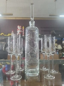7 Pc Vintage MCM Crystal Glass Starburst Decanter Cut Star Glass 12.75" RARE SET - Picture 1 of 11