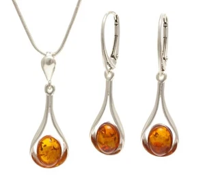 JUEGO DE PENDIENTES DE JOYERÍA DE ÁMBAR BÁLTICO PLATA 925 Caída y COLLAR CADENA Certificado - Imagen 1 de 12