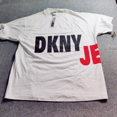Vtg DKNY Jeans Shirt Mens One Size White Big Logo Graphic Single Stitch 90s USA - Image 1 of 4