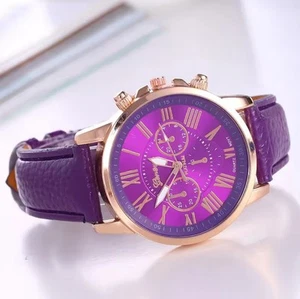 Ladies Women Quartz Wrist Watch Round with Leather Strap.. Purple & Rose Gold - Picture 1 of 4