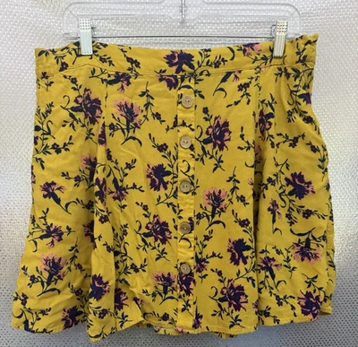 ModCloth Skirt Womens Sz XL Yellow Floral Print Button Front Mini A Line Pockets - Image 1 of 4
