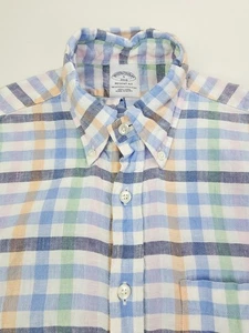 Camicia Brooks Brothers Regent Fit taglia small uomo multi check manica corta lino - Foto 1 di 9