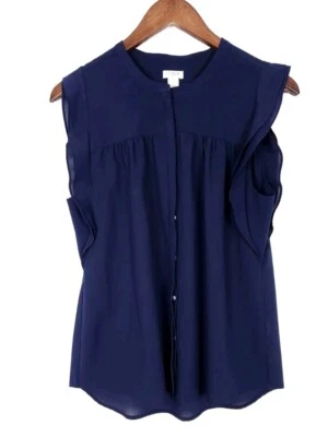 J. Crew Navy Blue Hidden Button-Up Flutter Sleeve Dressy Top - Size 8 Foto 1 de 4