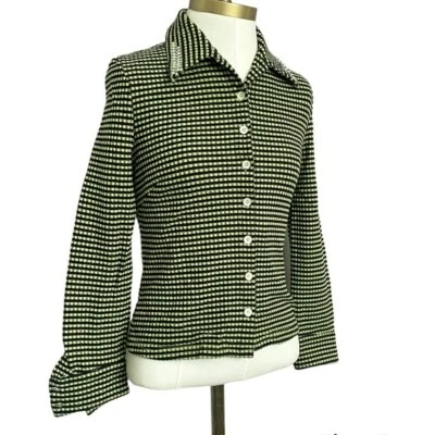 Vintage 90s Green Black Gingham Check Long Sleeve Knit Button Shirt Top - S - Image 1 of 4