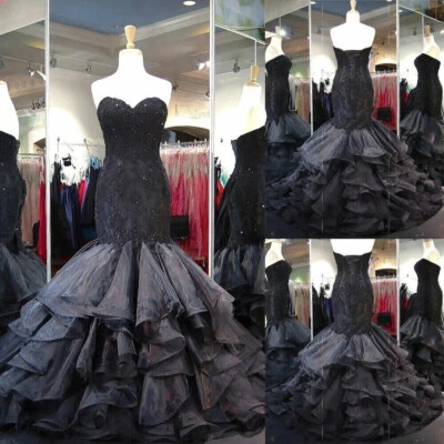 Gothic Black Wedding Dresses Mermaid Ruffled Strapless Corset Bridal Gowns - Image 1 of 4
