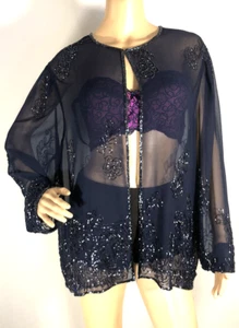 Woman’s Sheer Swimsuit Coverup Size Small Blue Beaded - Picture 1 of 10