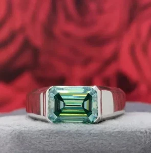 4CT Azul Tratados Anillo con Diamante Corte Esmeralda VVS1 Certificado! Hombres - Imagen 1 de 5