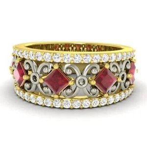1.31 Ct Princess Natural Ruby & Diamond Eternity Band 14k Yellow Gold Size 6 - Picture 1 of 4