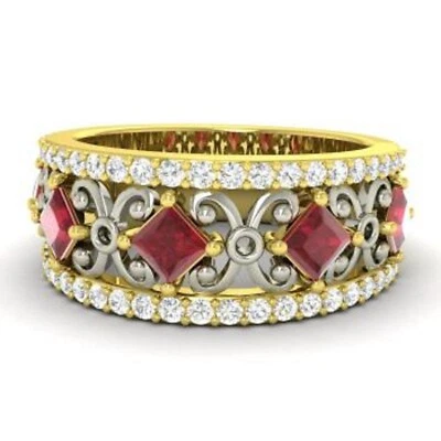 1.31 Ct Princess Natural Ruby & Diamond Eternity Band 14k Yellow Gold Size 6 - Image 1 of 4