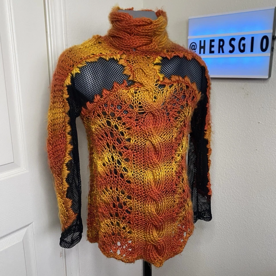 Suéter Tejido Avant Garde Para Hombre Pequeño Mujer Mediano HECHO A MANO Malla Web Suelta Abierta Foto 1 de 4