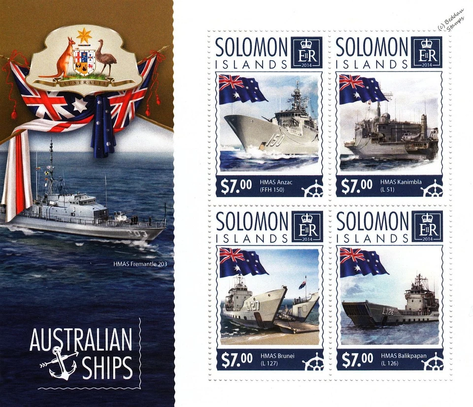 Hoja de estampillas 2014 Islas Salomón de la Marina Real Australiana (RAN) BARCOS/HMAS buques de guerra Foto 1 de 1