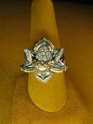 ANILLO FLOR LOTO BARBARA BIXBY TOPACIO BLANCO TALLA 9 HOJA DE VID SS 18K Diseñador Foto 1 de 3