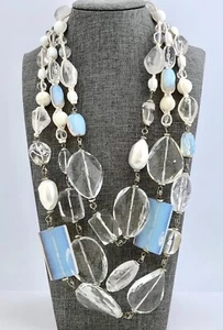 Vintage 70's DONCASTER Chunky Triple Strand Necklace Opalite Quartz Mop 13.5 oz - Picture 1 of 7
