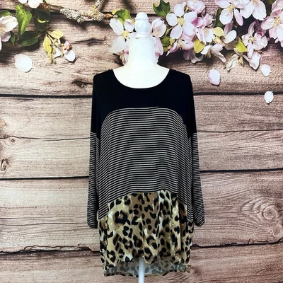 24/7 Maurices Women’s Rayon Striped Leopard Print Blouse Tunic Plus 1X - Image 1 of 4