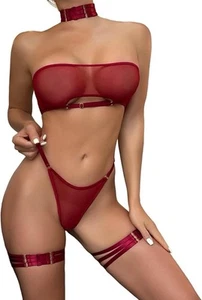 Women Sexy Lingerie 5-Piece Set with Choker Collar and Leg Loop -Red, XL - Picture 1 of 6