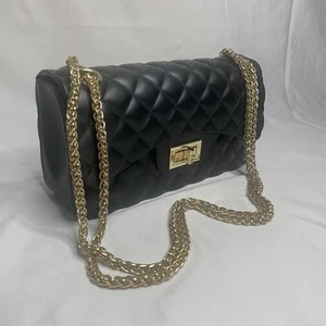 Women's Metal Chain Quilted Black Jelly Silicone Crossbody Bag Purse Twist Lock - Picture 1 of 19