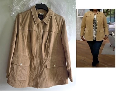 Isaac Mizrahi Live! Chaqueta Anorak de Gamuza con Bolsillos de Parche Marrón Cervatillo Claro Plus 2X Foto 1 de 4