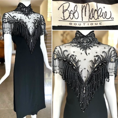 Bob Mackie Vintage 1980's Fringed Black Beaded  Illusion Cocktail Dress - Image 1 of 4
