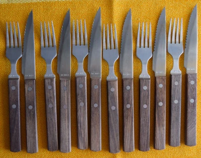 6x Gabel + Messer, Holzgriff, Steakmesser, Essbesteck, gebraucht - Bild 1 von 3