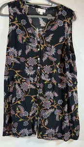 J Jill Medium top Black floral womens button up blouse flowers coastal - Picture 1 of 11