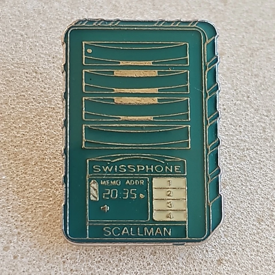 vintage Swissphone SCALLMAN pager Pin Badge 25mm X 17mm c1980s - image 1 of 4