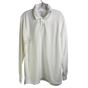 LL Bean Polo Shirt Mens M White Collared Long Slv 2 Button Front Classic Staple - Picture 1 of 6