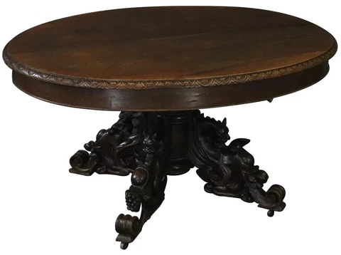 Table Antique French Hunting Renaissance Oak 1880 Pedestal Ornate Carved Beasts Cover