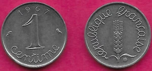 FRANCE 1 CENTIME 1967 UNC CURSIVE LEGEND SURROUNDS GRAIN SPRIG,CURSIVE DENOMINAT - Picture 1 of 1