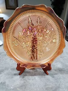 Vintage Jeannette Iris Herringbone Glass Iridescent Gold serving Platter holder - Picture 1 of 2