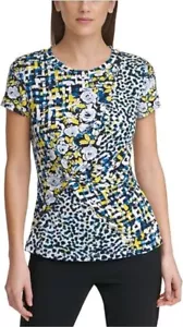 DKNY Women's Blouse Top Twist Front Printed Short Sleeve Crew Neck Blue White XS - Picture 1 of 4