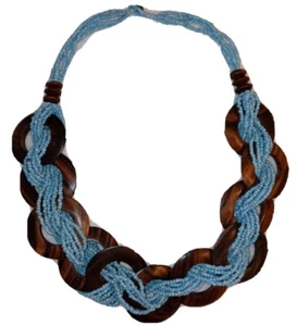 Bohomian Chic Wood O-Ring Blue Seed Beaded Earthy Boho Vintage Hippie Necklace - Picture 1 of 5