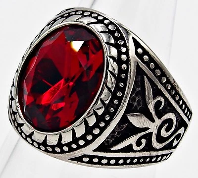 MEN RING RED RUBY STAINLESS STEEL SILVER FLEUR DE LIS STONE GEMS BIKER SIZE 11 - Image 1 of 3