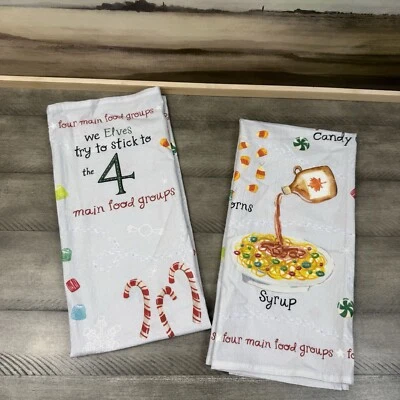 Pottery Barn Elf Food Groups Kitchen Tea Hand Towels 20”x30” Set/2 Holidays NWOT - Image 1 of 4