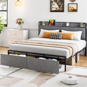 King Size Bed Frame with 2 Drawers and Shelf Headboard Charging Station Metal - Picture 1 of 8
