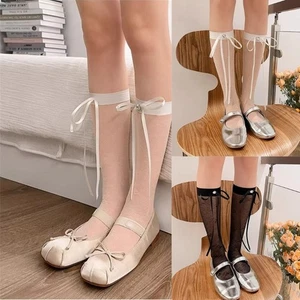 Korean Elegant Women Sheer Mesh Socks Rhinestones Bowknot Silk Over Calf Socks - Picture 1 of 11