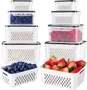 4 Stück Luftdichte Obst Aufbewahrung Behälter mit Herausnehmbarem Sieb für Kühlschrank - Bild 1 von 3