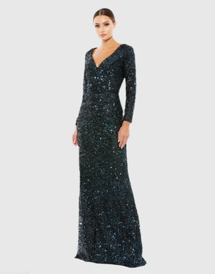 NWT Mac Duggal 526445 Beaded Navy Long Sleeve Sequined Gown Size 8 - Image 1 of 4